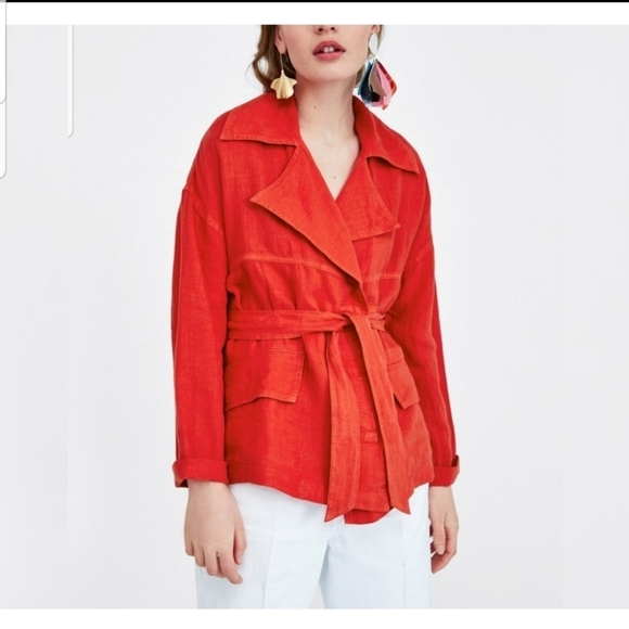 Zara light red belted linen jacket size Medium NWT - Picture 3 of 6